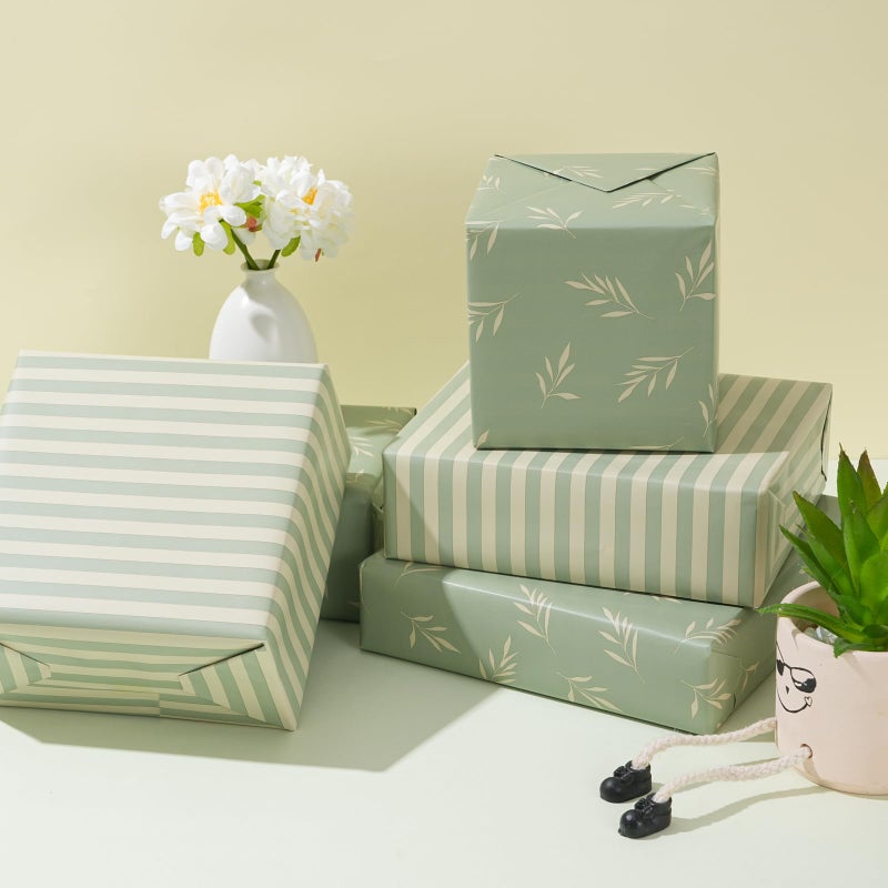 ZINTBIAL Reversible Gift Wrapping Paper Roll - Light Green Background with Beige Leaves - Green Stripe Design - for Birthdays,Weddings,Baby Showers,Mother's Day,Christmas - 17.5" x 33' (48 sq. ft.) - Image 4