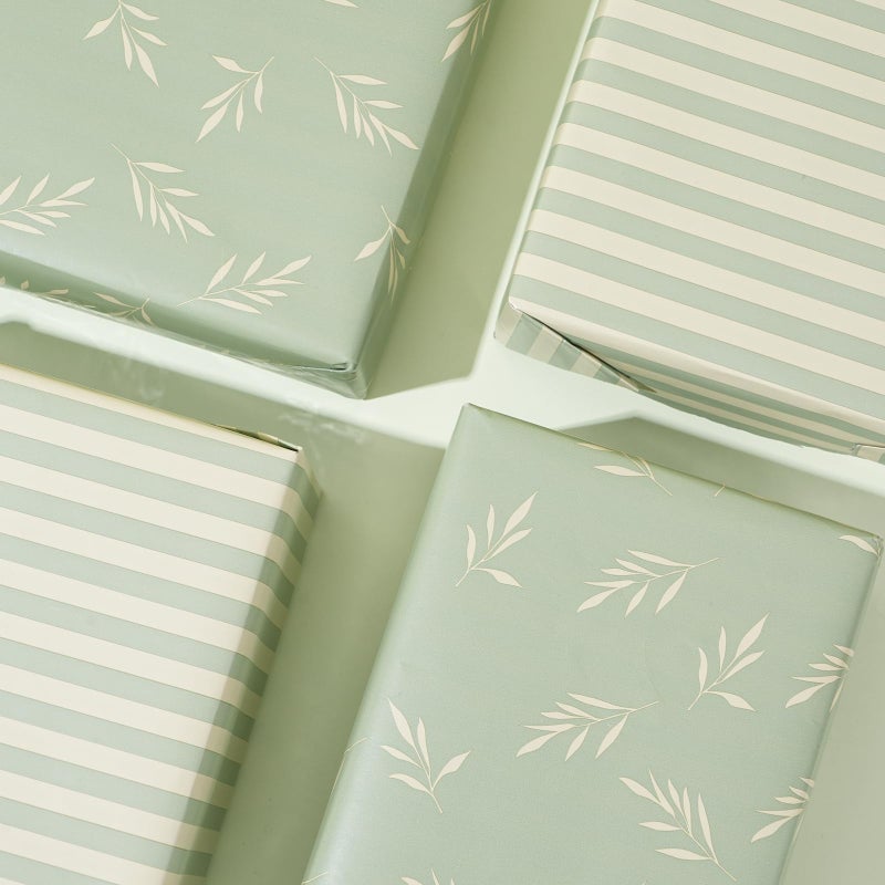 ZINTBIAL Reversible Gift Wrapping Paper Roll - Light Green Background with Beige Leaves - Green Stripe Design - for Birthdays,Weddings,Baby Showers,Mother's Day,Christmas - 17.5" x 33' (48 sq. ft.) - Image 5