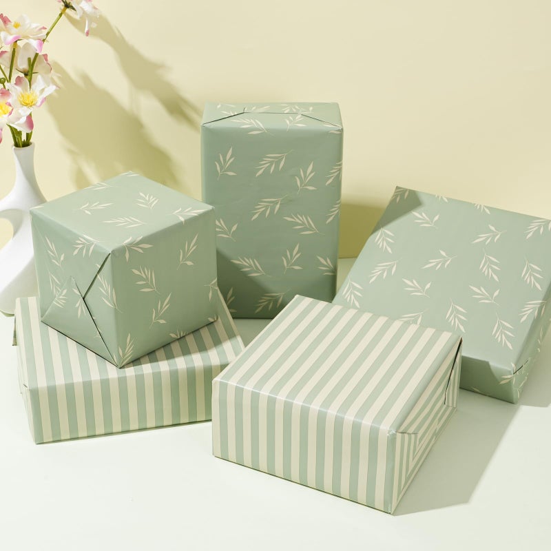 ZINTBIAL Reversible Gift Wrapping Paper Roll - Light Green Background with Beige Leaves - Green Stripe Design - for Birthdays,Weddings,Baby Showers,Mother's Day,Christmas - 17.5" x 33' (48 sq. ft.) - Image 3