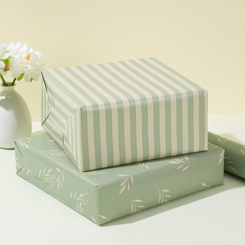 ZINTBIAL Reversible Gift Wrapping Paper Roll - Light Green Background with Beige Leaves - Green Stripe Design - for Birthdays,Weddings,Baby Showers,Mother's Day,Christmas - 17.5" x 33' (48 sq. ft.) - Image 2