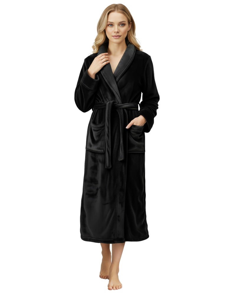 NY Threads Premium Womens Robe, Plush Fleece Long Bath Robe for Women, Fluffy Soft Women's Bathrobe, Small, Black - Image 1