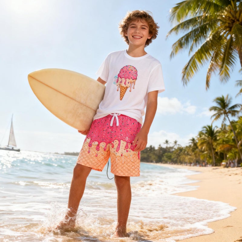 westwolf Pink Ice Cream Bathing Suits with Compress Big Boy Board Shorts Size 10-12T Boy's Yellow Waffle Swim Trunks Swimming Shorts Kids Beach Large - Image 3