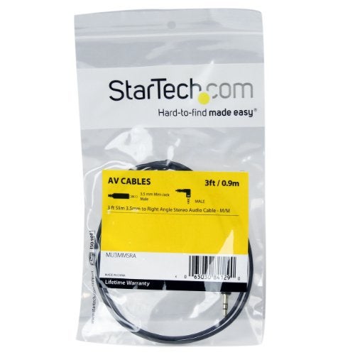 StarTech.com 3 ft. (0.9 m) 3.5mm Audio Cable - 3.5mm Slim Audio Cable - Right Angle - Male/Male - Aux Cable (MU3MMSRA), Black - Image 4