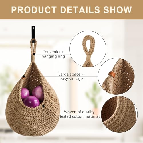 LOCS MICRAI سلال فواكه معلقة LOCS MICRAI للمطبخ - مجموعة 6 قطع سلال معلقة بتصميم بوهيمي، سلال فواكه مصنوعة يدويًا، لتخزين الثوم والبطاطس والخضروات والبصل في المنزل (بني كلاسيكي) - Image 3