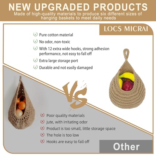 LOCS MICRAI سلال فواكه معلقة LOCS MICRAI للمطبخ - مجموعة 6 قطع سلال معلقة بتصميم بوهيمي، سلال فواكه مصنوعة يدويًا، لتخزين الثوم والبطاطس والخضروات والبصل في المنزل (بني كلاسيكي) - Image 2