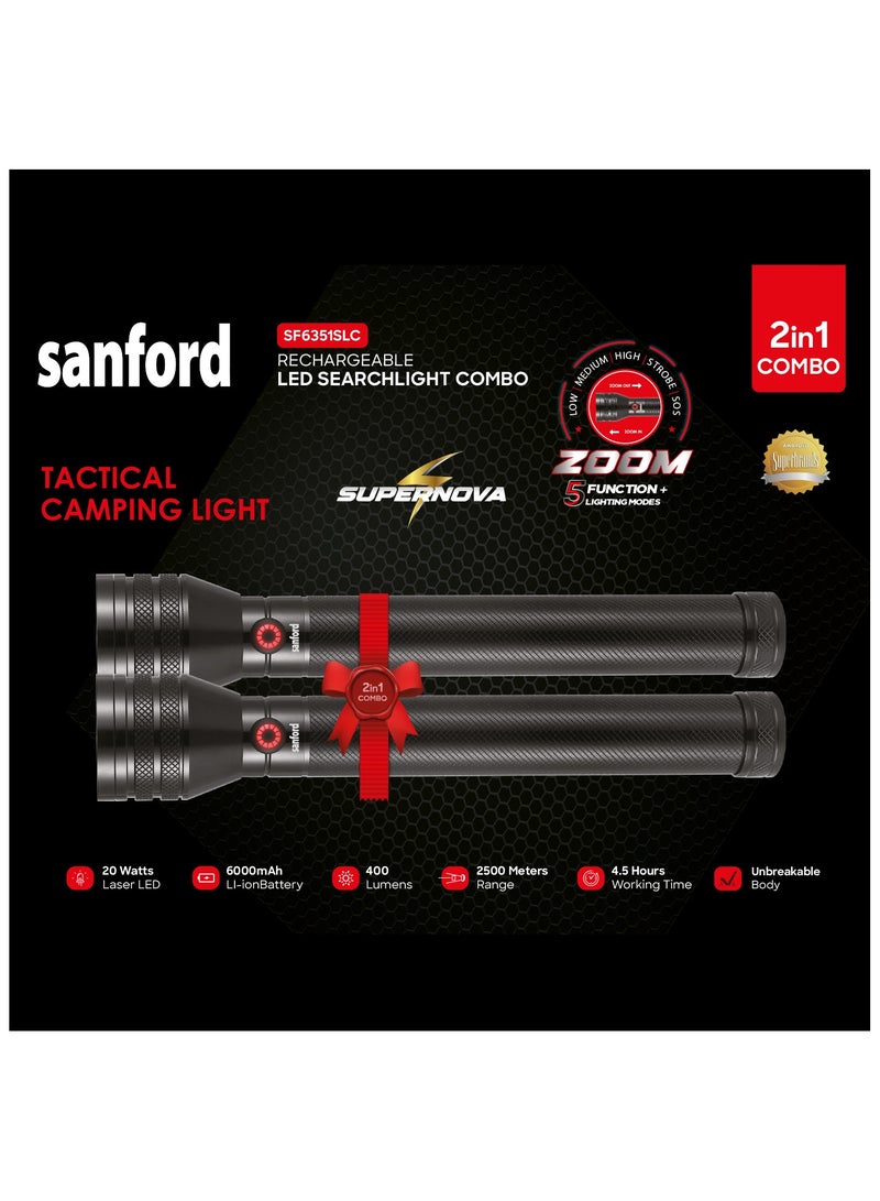 Sanford Pack of 2 Rechargeable LED Searchlight Combo, 20W LASER LED, 6000mAh Li-ion , 400 Lumens, 2500 Meters Range, 5 Lighting Modes, 4.5 Hours Working Time, Tactical Camping Light, Aluminum Body Flashlight - Image 4