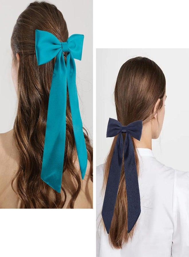 AHONEY 2 Pack Satin Hair Bow Clips for Women Girls, Navy blue & Green - Image 2