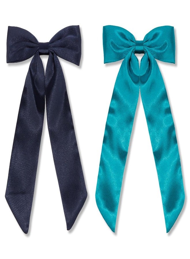 AHONEY 2 Pack Satin Hair Bow Clips for Women Girls, Navy blue & Green - Image 1