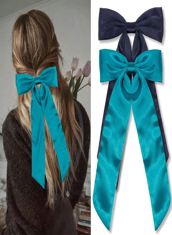 AHONEY 2 Pack Satin Hair Bow Clips for Women Girls, Navy blue & Green - Image 4