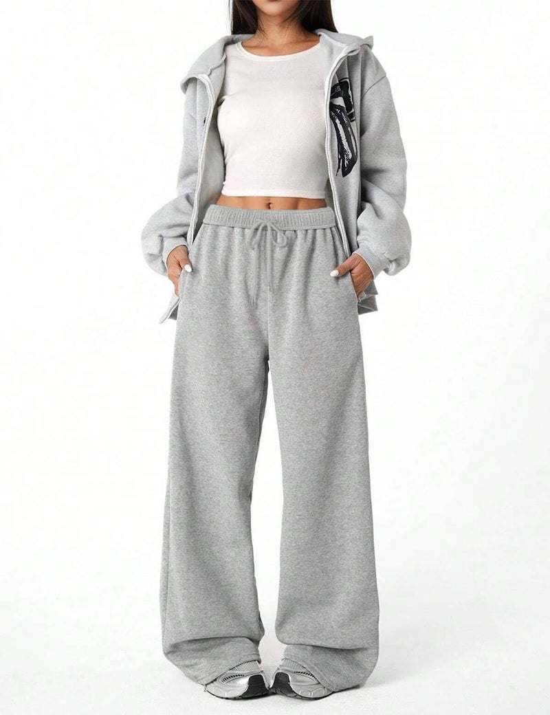 FACDIBY Fleece Lined Sweatpants for Women Wide Leg High Waisted Sweat Pants Baggy Drawstring Sherpa Straight Leg Lounge Pants Grey M - Image 5