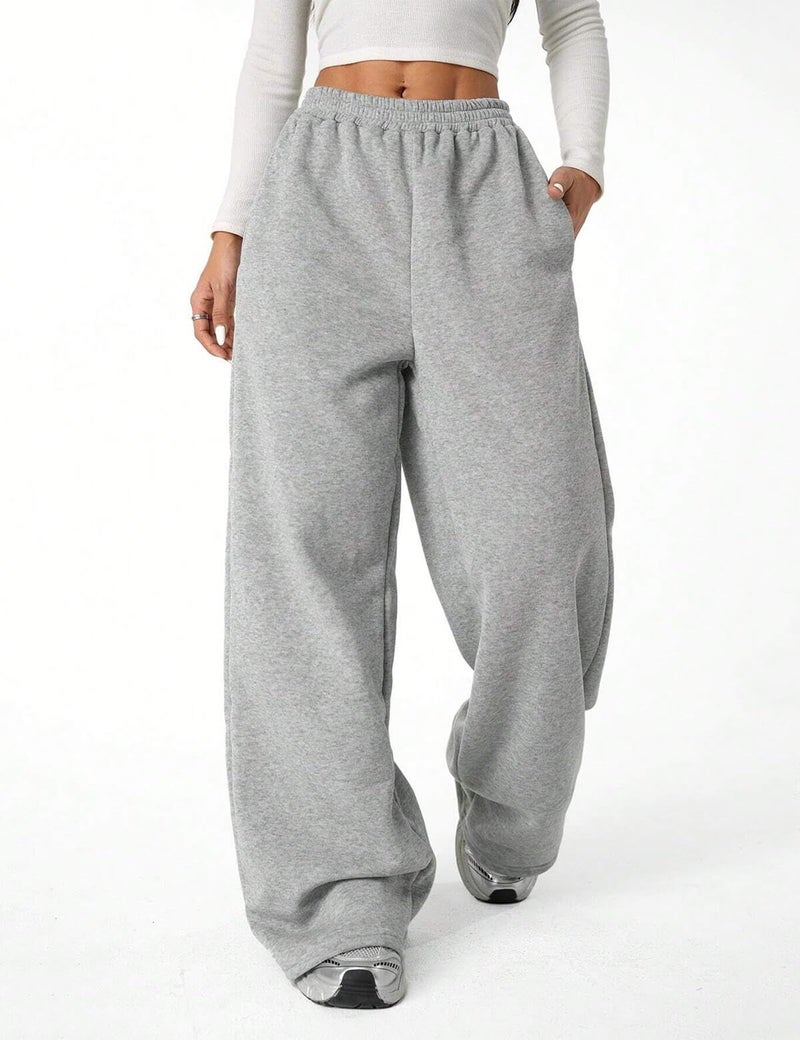 FACDIBY Fleece Lined Sweatpants for Women Wide Leg High Waisted Sweat Pants Baggy Drawstring Sherpa Straight Leg Lounge Pants Grey M - Image 4