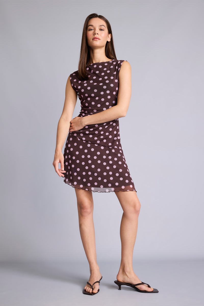 DeFacto Brown Woman Asymmetric Boat Collar Polka Dot Tulle Mini Dress Casual - Image 2