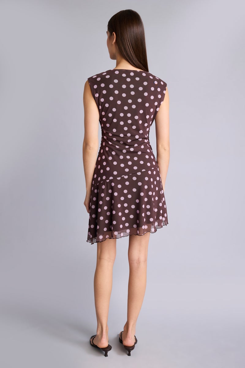 DeFacto Brown Woman Asymmetric Boat Collar Polka Dot Tulle Mini Dress Casual - Image 5