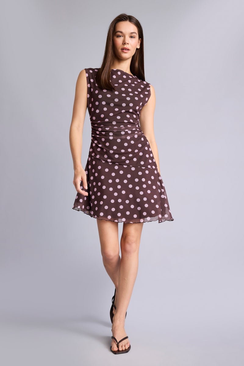 DeFacto Brown Woman Asymmetric Boat Collar Polka Dot Tulle Mini Dress Casual - Image 1