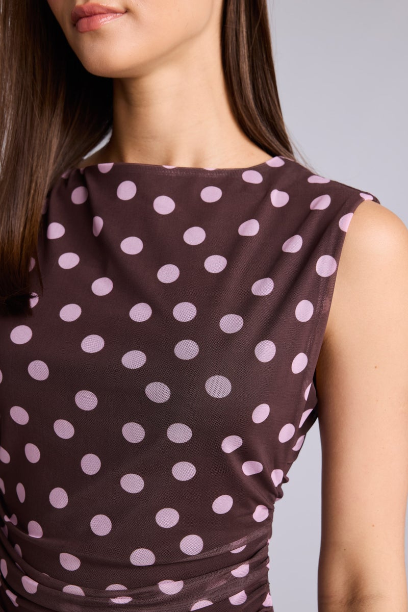 DeFacto Brown Woman Asymmetric Boat Collar Polka Dot Tulle Mini Dress Casual - Image 4