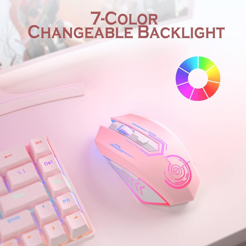 UHURU Gaming Mouse, Wireless Gaming Mouse with 6 Buttons 7 Changeable LED Color up to 10000 DPI, Rechargeable USB Gamer Mouse for PC Laptop (Pink) - Image 3
