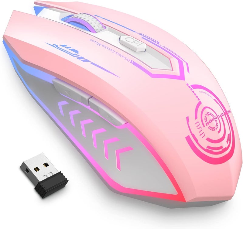 UHURU Gaming Mouse, Wireless Gaming Mouse with 6 Buttons 7 Changeable LED Color up to 10000 DPI, Rechargeable USB Gamer Mouse for PC Laptop (Pink) - Image 1