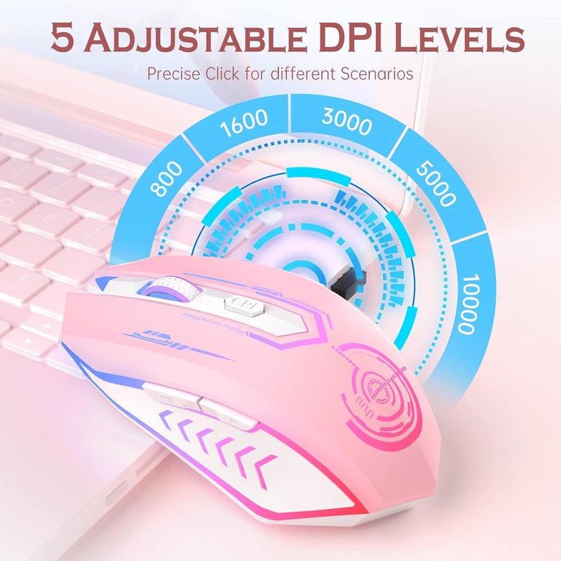 UHURU Gaming Mouse, Wireless Gaming Mouse with 6 Buttons 7 Changeable LED Color up to 10000 DPI, Rechargeable USB Gamer Mouse for PC Laptop (Pink) - Image 2