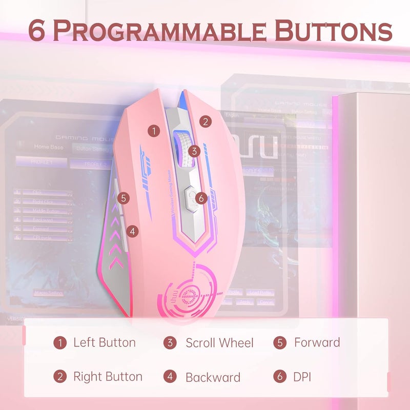 UHURU Gaming Mouse, Wireless Gaming Mouse with 6 Buttons 7 Changeable LED Color up to 10000 DPI, Rechargeable USB Gamer Mouse for PC Laptop (Pink) - Image 4