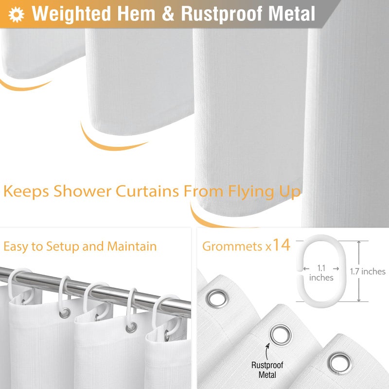 BTTN ستارة دش واسعة BTTN - W84XH72 بوصة من الكتان المزخرف بستائر دش شاقية مع 14 خطاطين بلاستيكية كبيرة في فندق SPA ستائر حمام البوليستر المقاومة للماء بسيطة للحمام - أبيض - Image 4