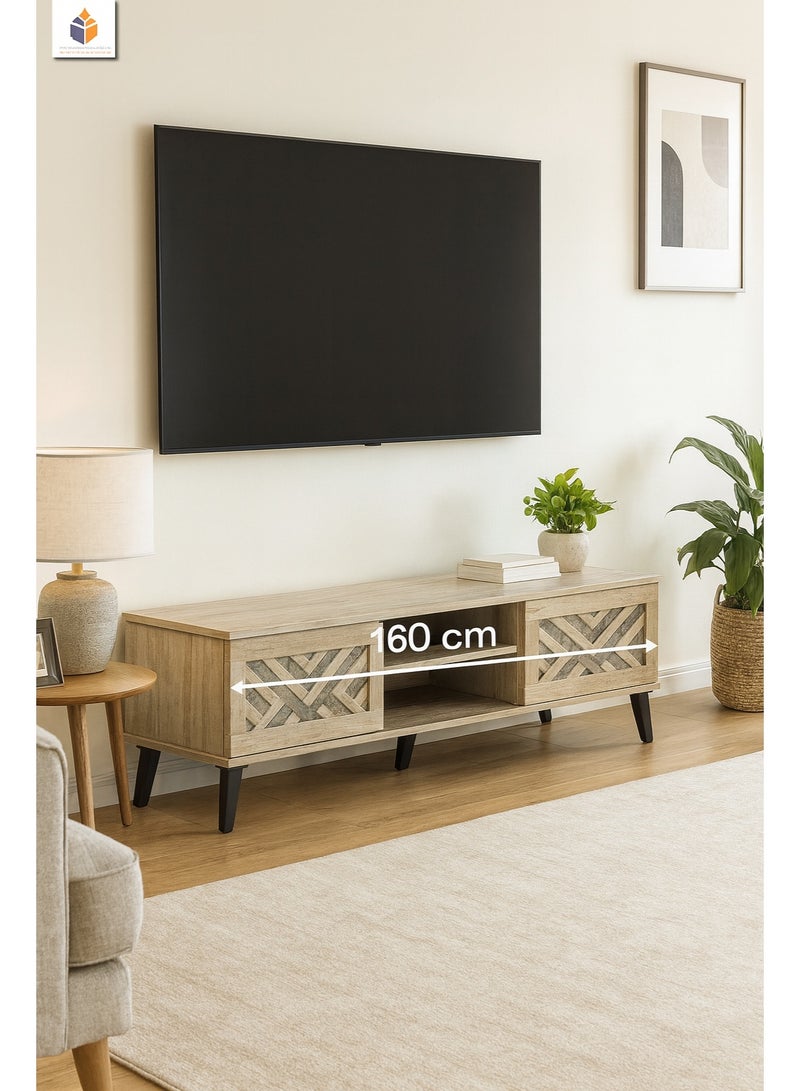 أيام البركة طاولة تلفزيون خشبية كولومبيا – بلون بيج مع بابين بنقشة هندسية ورف مفتوح، بعرض ‎160 سم‎ - Image 1