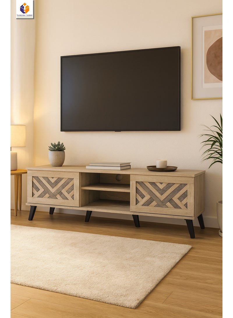 أيام البركة طاولة تلفزيون خشبية كولومبيا – بلون بيج مع بابين بنقشة هندسية ورف مفتوح، بعرض ‎160 سم‎ - Image 2