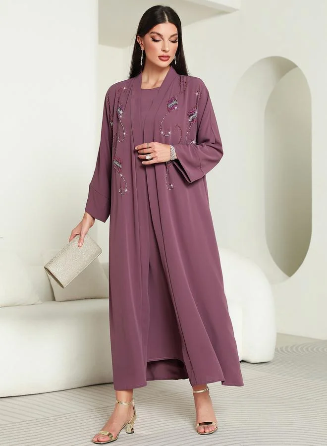 تايك تو طقم من عباية مزينة بالراين مع فستان داخلي