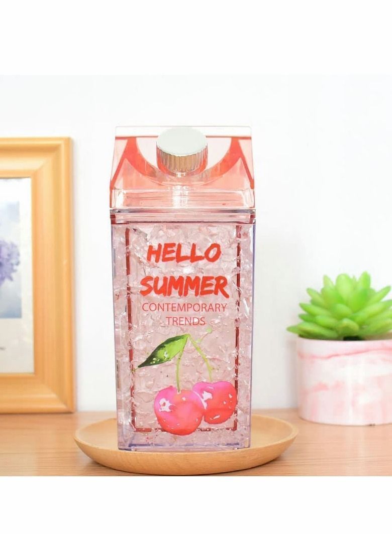 Y&D Crushed Ice Cup, Double-layer Thickened Refrigerator Cold Storage Cup Straw Gel Quicksand Iced Creative Milk Carton Summer Student Drinking Outdoor Water (Cherry Red) - Image 2