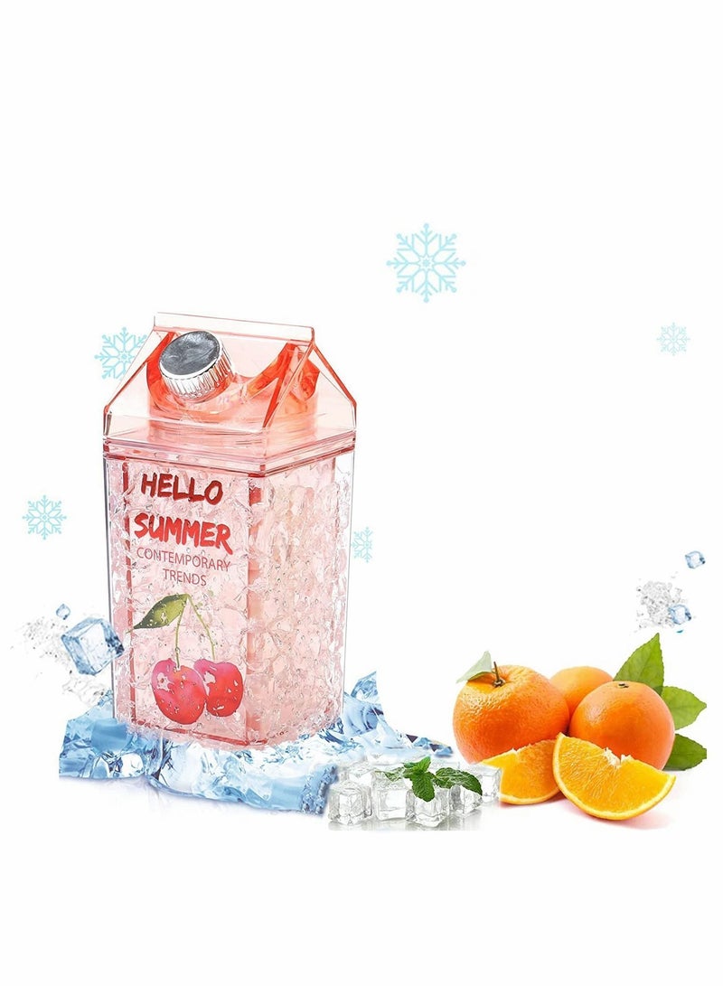 Y&D Crushed Ice Cup, Double-layer Thickened Refrigerator Cold Storage Cup Straw Gel Quicksand Iced Creative Milk Carton Summer Student Drinking Outdoor Water (Cherry Red) - Image 1
