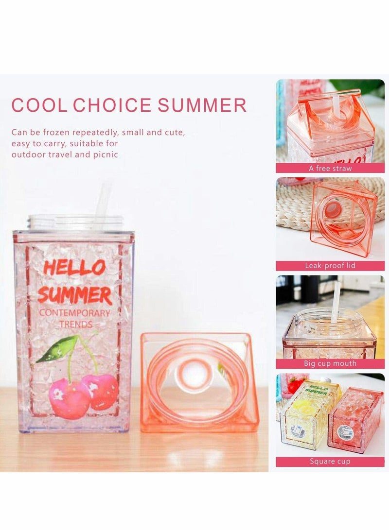 Y&D Crushed Ice Cup, Double-layer Thickened Refrigerator Cold Storage Cup Straw Gel Quicksand Iced Creative Milk Carton Summer Student Drinking Outdoor Water (Cherry Red) - Image 5