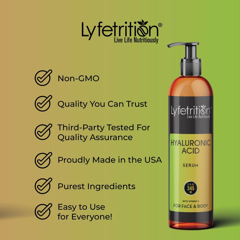 Lyfetrition Hyaluronic Acid Serum for Skin, Moisturizing and Hydrating Serum for All Types of Skin, 100% Natural Face Serum with Vitamin C & Aloe Vera (12 Fl Oz), Clear Serum, (Lyfe7581) - Image 4