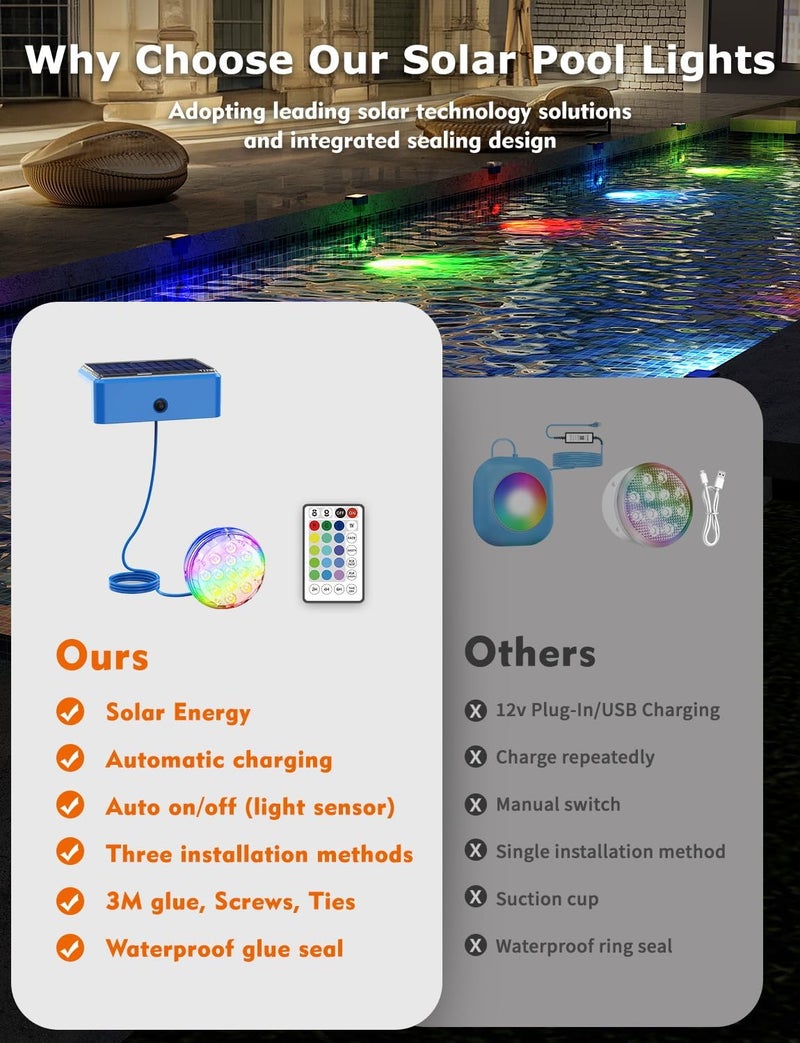 2 Pack Solar Pool Lights, IP68 Waterproof Submersible LED Lights With Remote, 16 Colors For Swimming Pool And Pond - Image 5