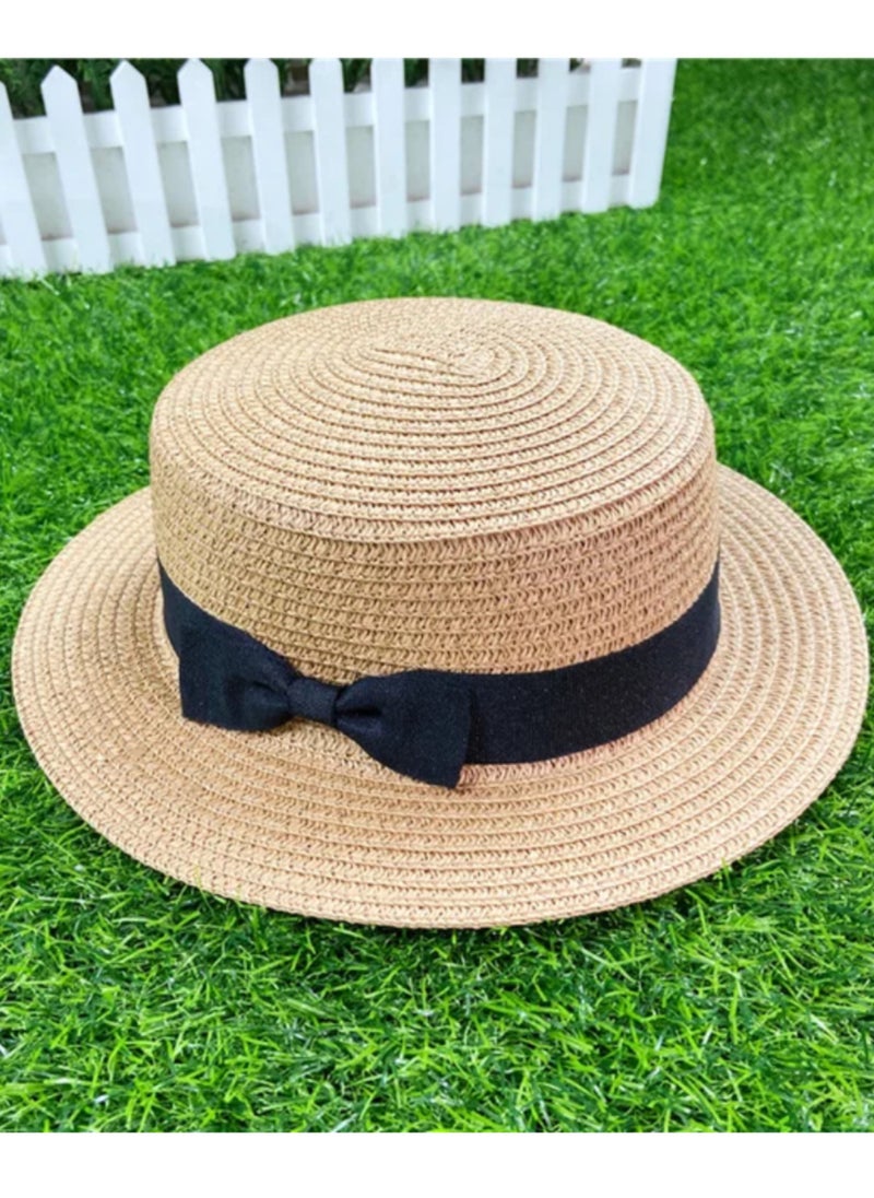 Vitacelli - Straw Sun Hat for Women, Girls Cute Summer Beach Cap Foldable Visor Floppy Wide Brim with Bowknot BEIGE - Image 1