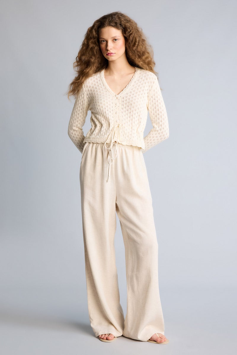 DeFacto Beige Woman Wide Leg High Waist Linen Blend Trousers Casual - Image 2