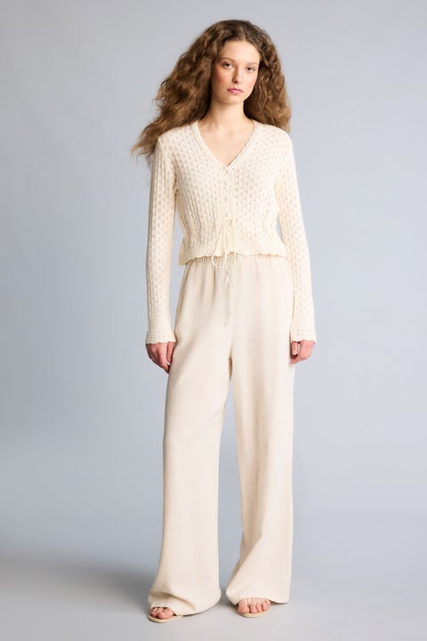 Beige Woman Wide Leg High Waist Linen Blend Trousers Casual