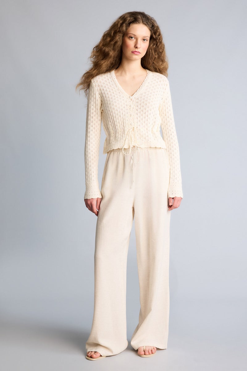 DeFacto Beige Woman Wide Leg High Waist Linen Blend Trousers Casual - Image 1