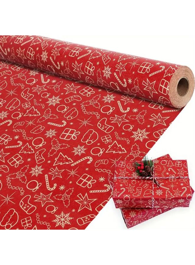 Red Kraft Christmas Gift Wrap Paper 5 Rolls 118x17 Inches Golden Snowflake Tree Stocking Patterns - Image 4