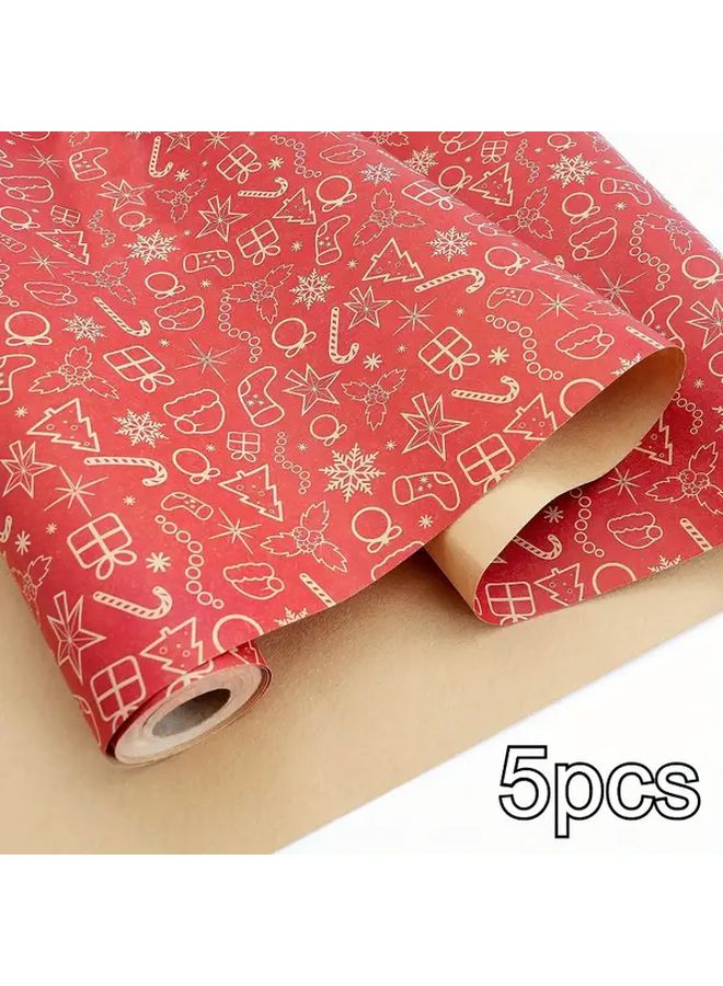 Red Kraft Christmas Gift Wrap Paper 5 Rolls 118x17 Inches Golden Snowflake Tree Stocking Patterns - Image 1