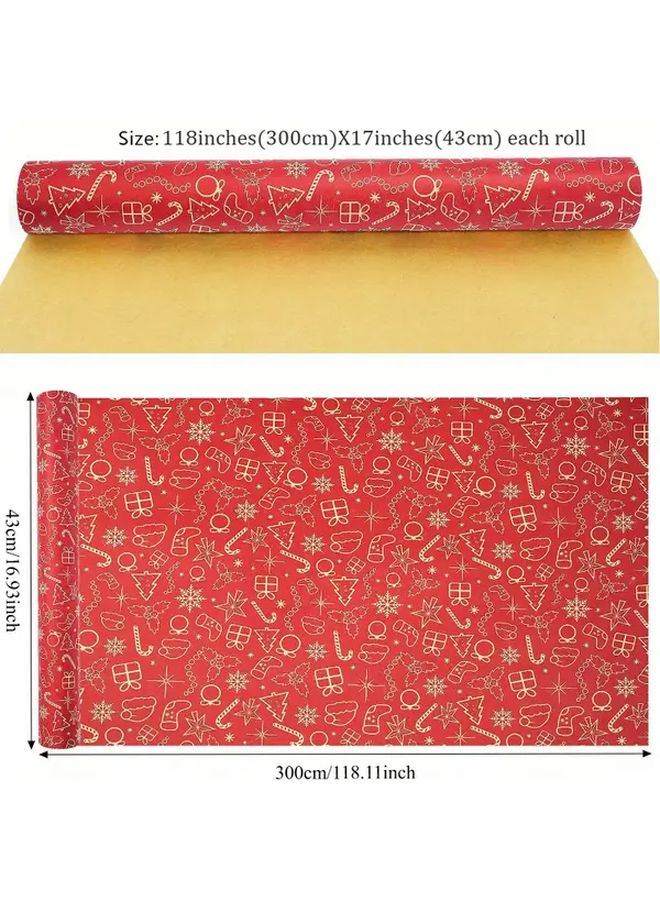 Red Kraft Christmas Gift Wrap Paper 5 Rolls 118x17 Inches Golden Snowflake Tree Stocking Patterns - Image 3