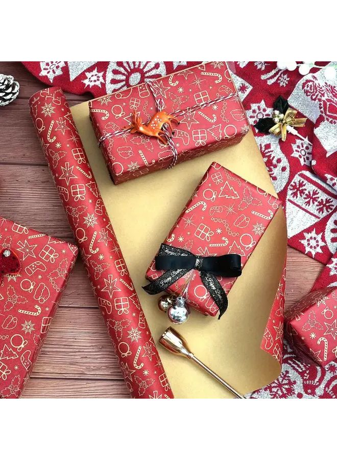 Red Kraft Christmas Gift Wrap Paper 5 Rolls 118x17 Inches Golden Snowflake Tree Stocking Patterns - Image 2