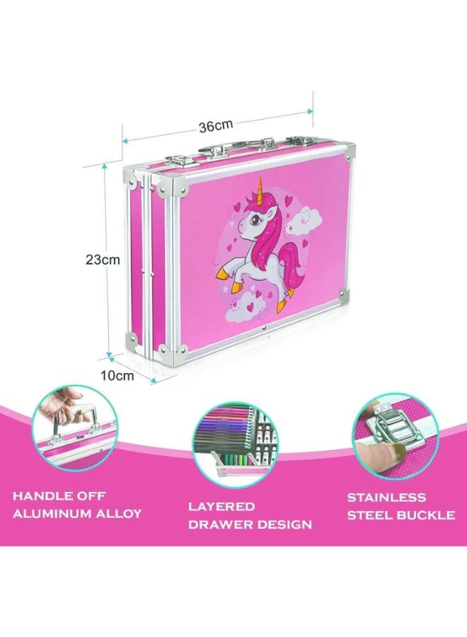 مجموعة أدوات فنية على شكل وحيد القرن مكونة من 145 قطعة - أقلام تلوين، وأقلام شمعية، وألوان باستيل زيتية، وألوان مائية (لون وردي) - Image 3