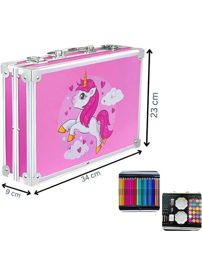 مجموعة أدوات فنية على شكل وحيد القرن مكونة من 145 قطعة - أقلام تلوين، وأقلام شمعية، وألوان باستيل زيتية، وألوان مائية (لون وردي) - Image 4