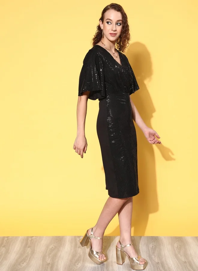 SASSAFRAS Black Solid Shimmer & Sequin Dress for Women
