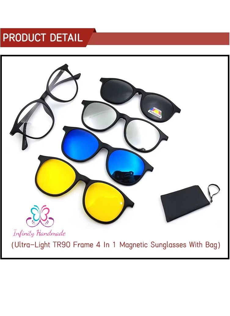 Unisex sunglasses featuring a TR90 base frame with four magnetic replacement lenses in various colors, polarized sunglasses, superior UV400 protection, and an elegant leather case, perfect for a special gift. Exclusively from INFINITYHANDMADE.