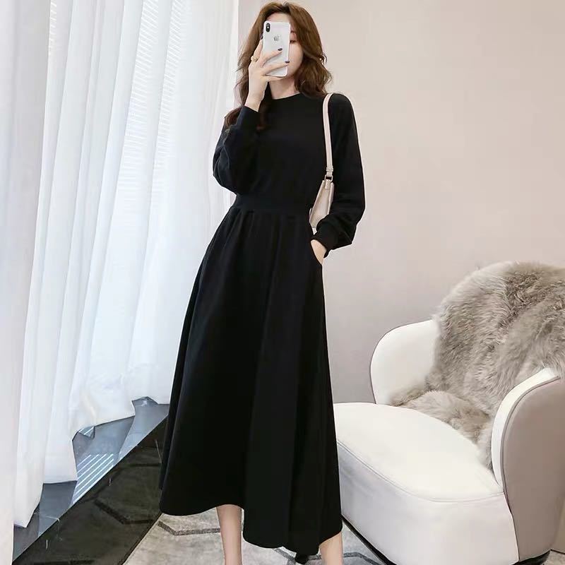 Autumn and Winter New Korean-style Long-sleeved Large Swing Waist Long Sweater Womens Cross-border Fashion Elegant Round Neck Dress Trendy Black