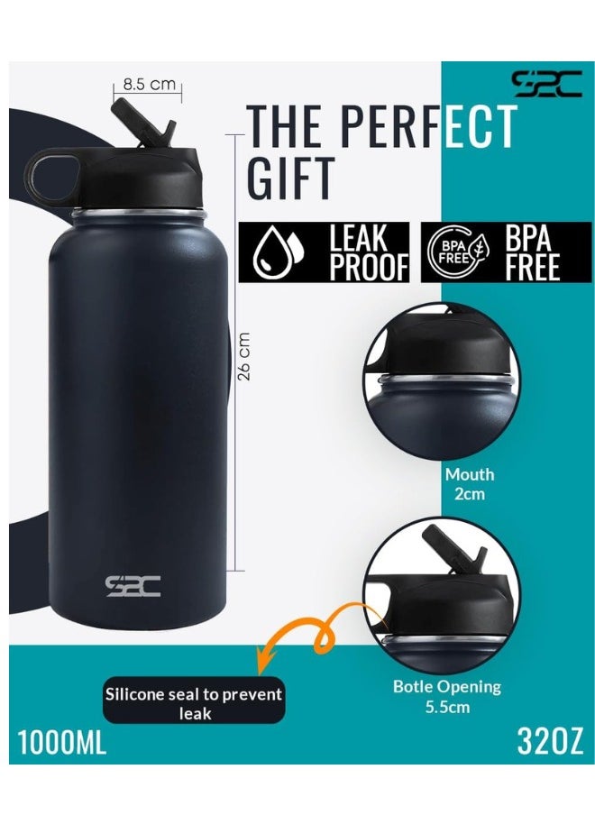 S2C Stainless Steel Water Bottle 1L,32oz Double Wall Vacuum Insulated Water Bottle, BPA Free Water Bottle for Kids School with Straw lid- Thermos Water Flask for Hot Water, Water Bottle  - Image 4