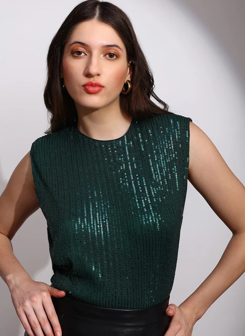 جلو باص بلوزة نسائية خضراء بدون أكمام مزينة بالترتر بياقة مستديرة للحفلات