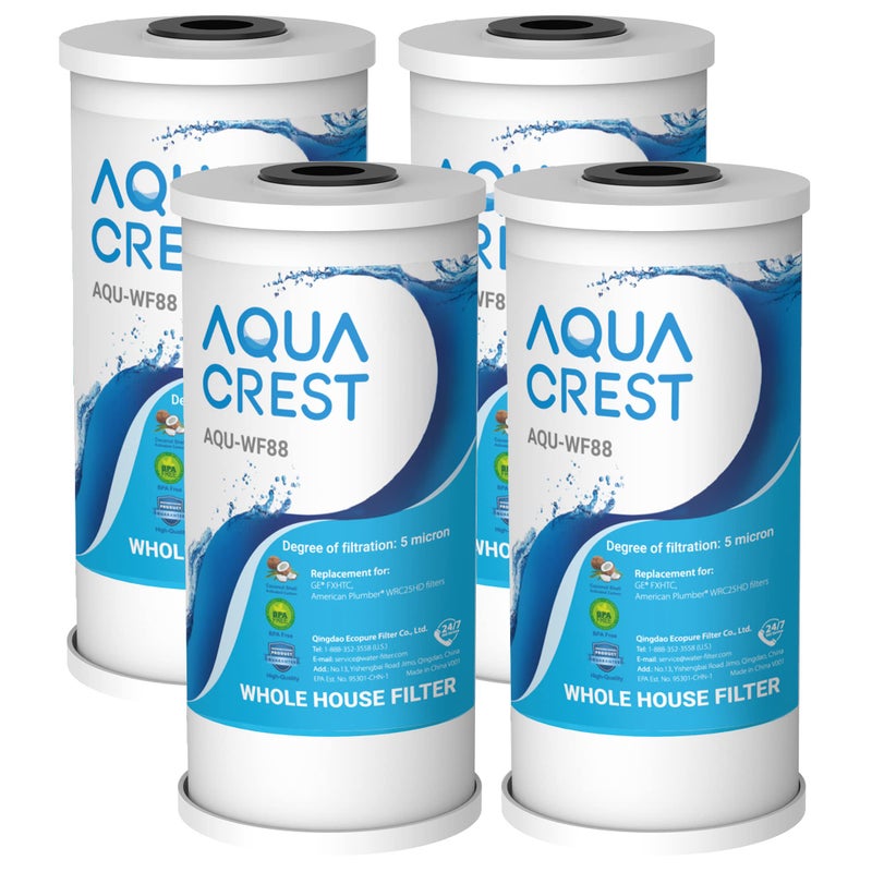 فلتر مياه كامل المنزل AQUA CREST FXHTC بديل فلتر مياه البئر لـ GE FXHTC GXWH40L American Plumber W10PR Culligan RFCBBSA W10BC فلاتر كربون 5 ميكرون عبوة من 4