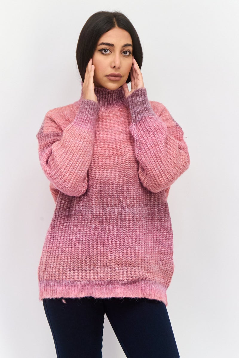 Aqua Women High Neck Textured Sweater, Pink Mist  - Image 1