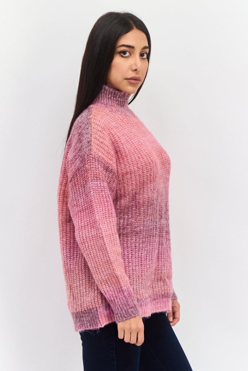 Aqua Women High Neck Textured Sweater, Pink Mist - Image 2